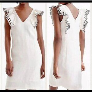 J Crew Collection Eyelet Ruffle Shoulder Dress Sleeveless V neck Linen Blend 0